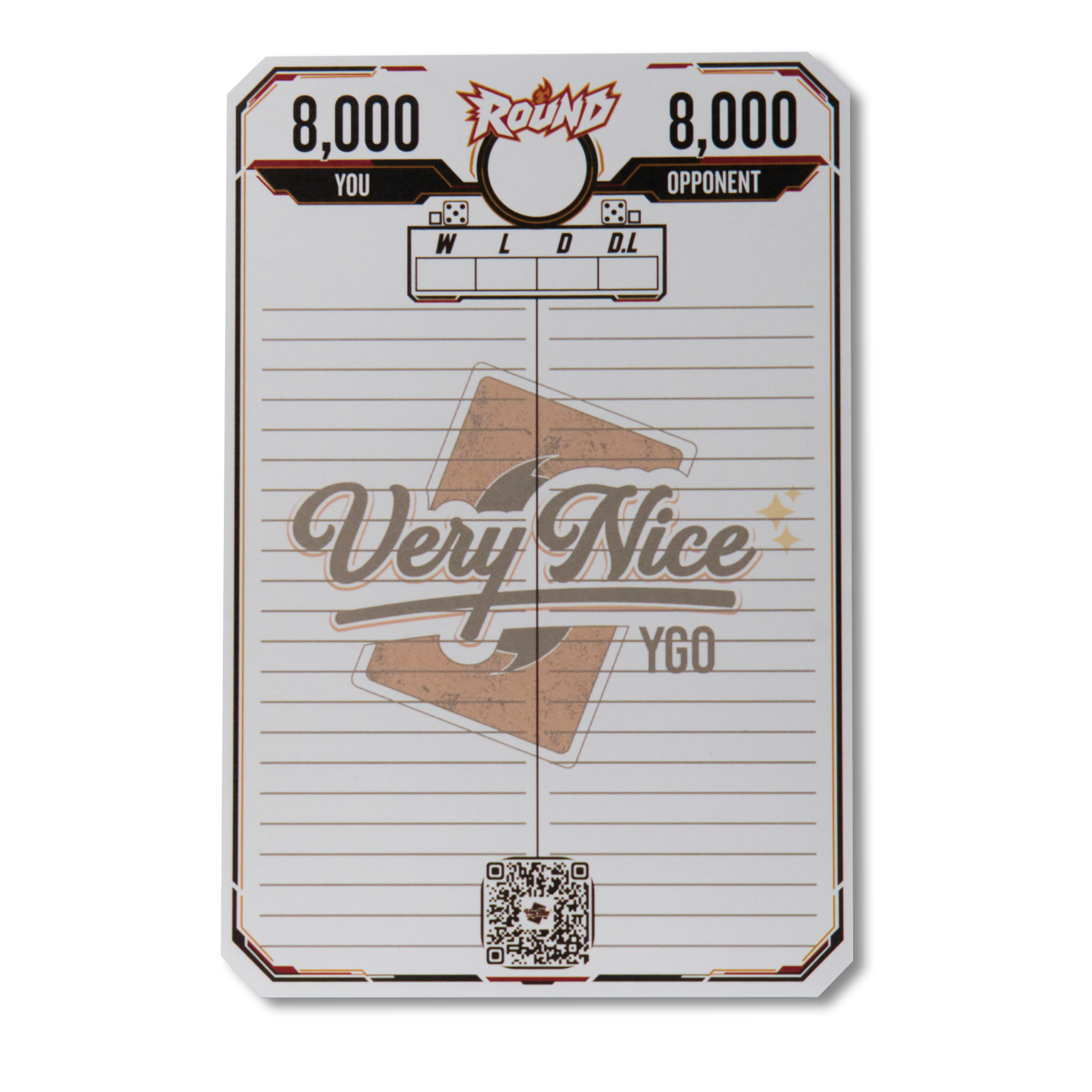 VeryNice Yu-Gi-Oh! life point score pad front, 6x4 with round counter and win/loss/draw checkboxes